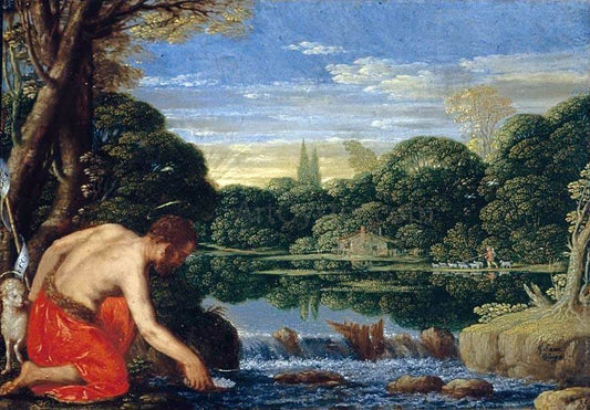  Johann Konig Wooded River Landscape with St John the Baptist - Hand Painted Oil Painting