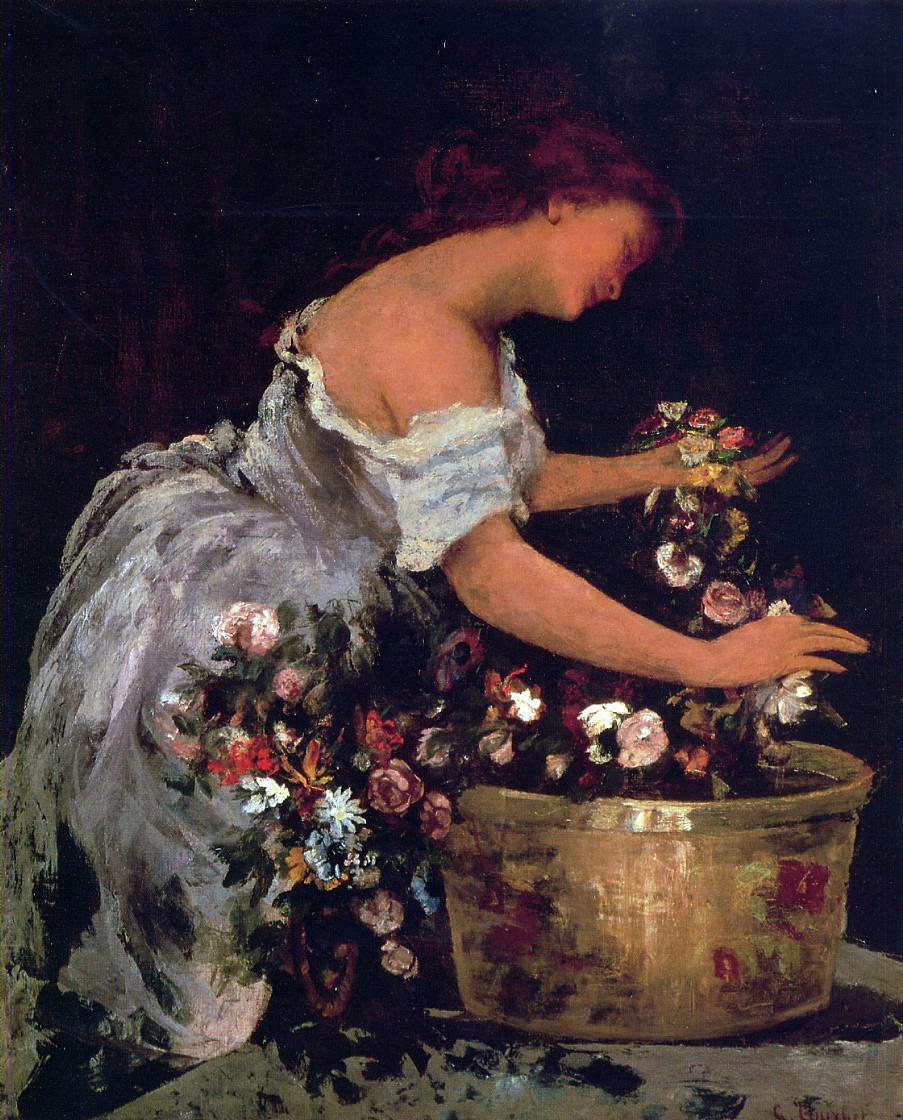  Jehan-Georges Vibert Young Girl Arranging Flowers - Hand Painted Oil Painting