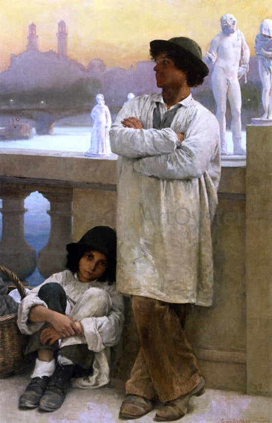 Carl Ernst Von Stetten Young Sculptors on a Bridge in Paris, the Old Trocadero in the Distance - Hand Painted Oil Painting